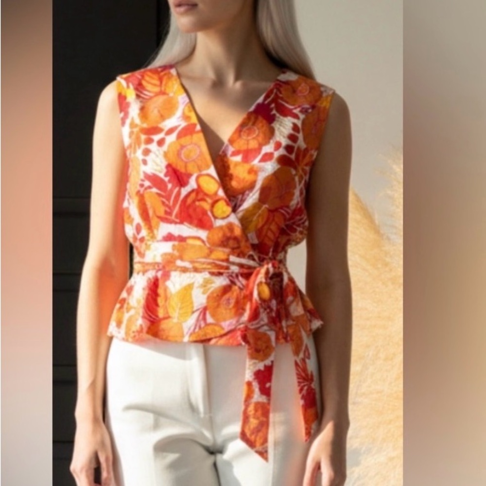 Bob Mackie Orange and Red Floral Wrap Blouse